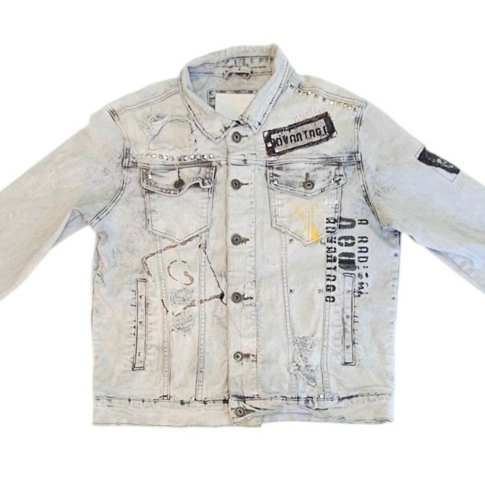 Kloud9 Denim Jean Jacket Distressed Studded Light Gray Size Medium‎